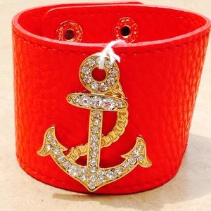 Red Pleather Gold Tone Crystal Anchor Wide